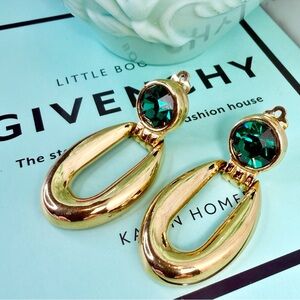 Givenchy Couture Gold Plated & Emerald Door Knocker Clip-On Earrings